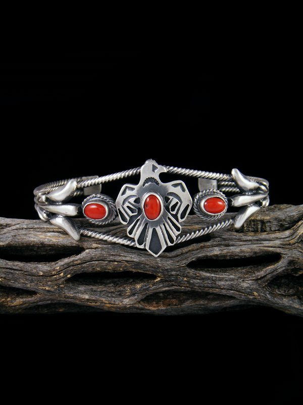Native American Sterling Silver Coral Thunderbird Cuff Bracelet - PuebloDirect.com
