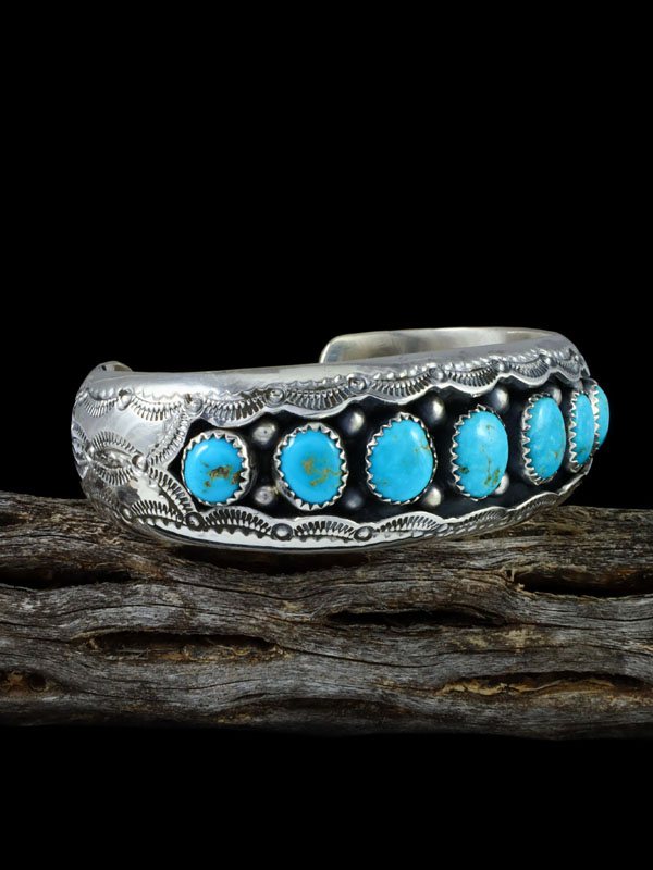 Navajo Turquoise Sterling Silver Shadowbox Cuff Bracelet - PuebloDirect.com