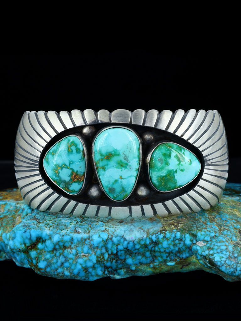 Native American Jewelry Sterling Silver Sonoran Gold Turquoise Bracelet - PuebloDirect.com