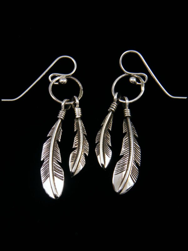 Native American Sterling Silver Dangle Feather Earrings - PuebloDirect.com