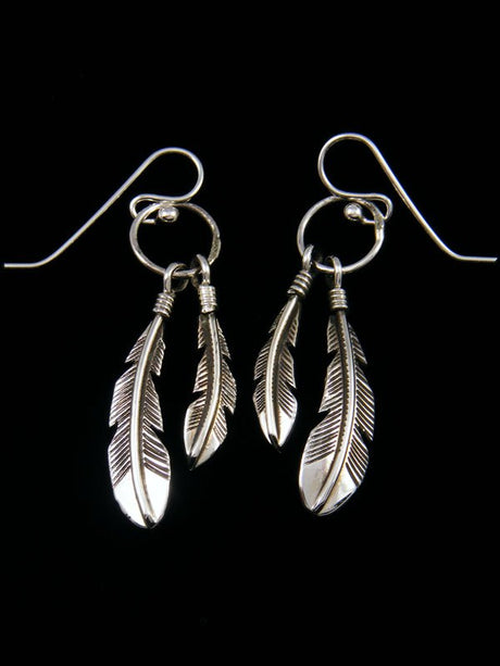 Native American Sterling Silver Dangle Feather Earrings - PuebloDirect.com
