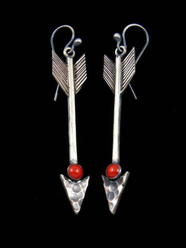 Native American Coral Dangle Arrow Earrings - PuebloDirect.com