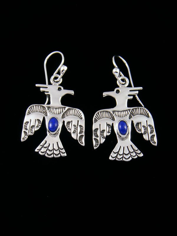 Navajo Lapis Sterling Silver Dangle Thunderbird Earrings - PuebloDirect.com