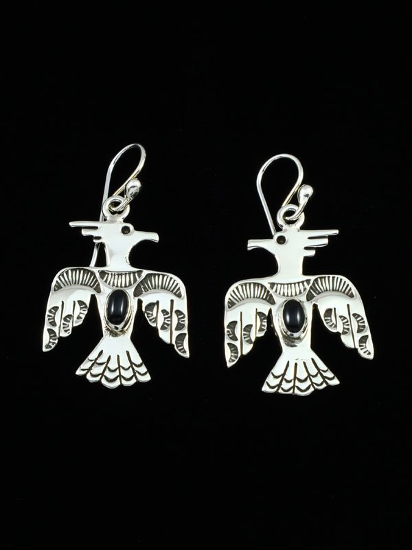 Navajo Onyx Sterling Silver Dangle Thunderbird Earrings - PuebloDirect.com
