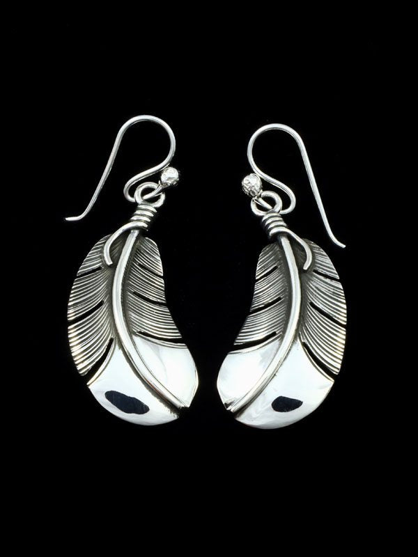 Navajo Sterling Silver Dangle Feather Earrings - PuebloDirect.com