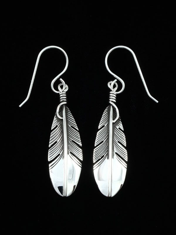 Navajo Sterling Silver Dangle Feather Earrings - PuebloDirect.com