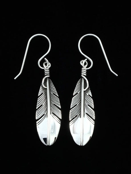Navajo Sterling Silver Dangle Feather Earrings - PuebloDirect.com