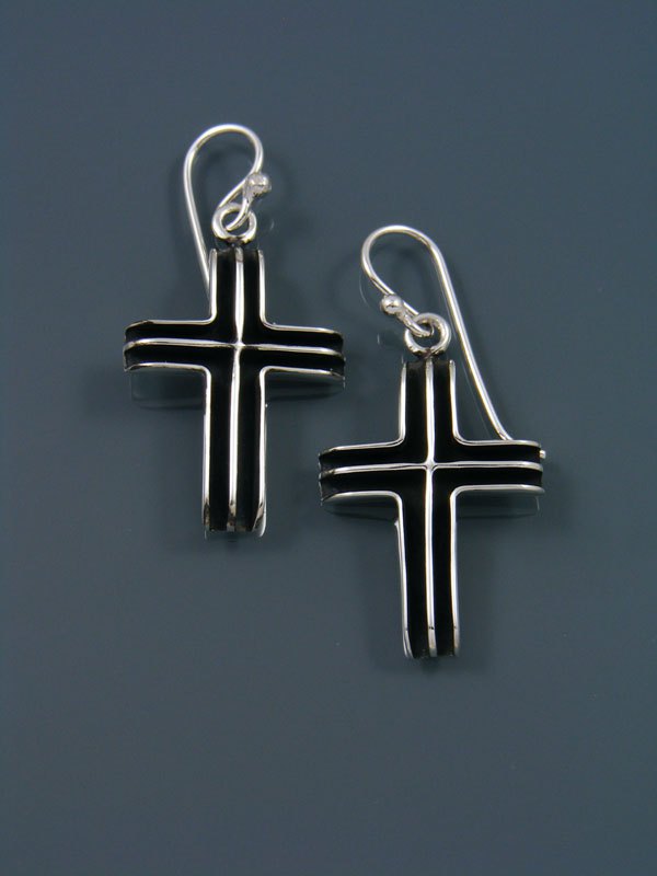 Native American Sterling Silver Dangle Cross Earrings - PuebloDirect.com