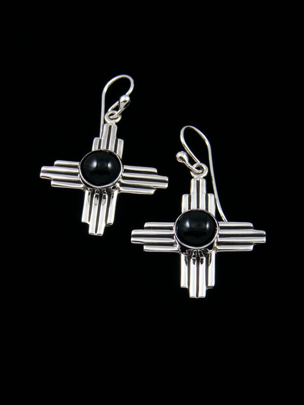 Navajo Sterling Silver Black Onyx Dangle Zia Earrings - PuebloDirect.com