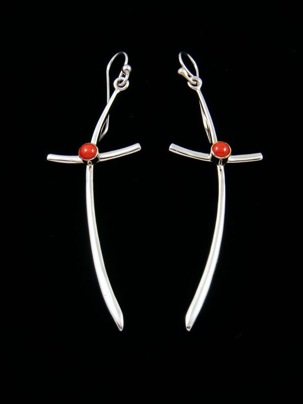 Native American Coral Dangle Cross Earrings - PuebloDirect.com