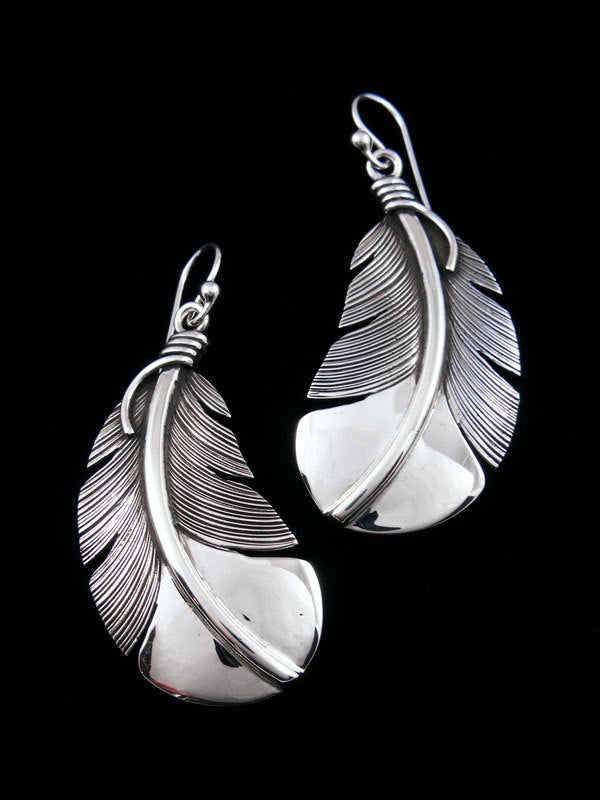 Navajo Sterling Silver Dangle Feather Earrings - PuebloDirect.com