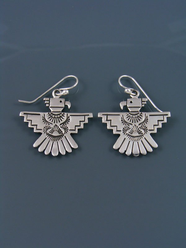 Navajo Sterling Silver Thunderbird Dangle Earrings - PuebloDirect.com