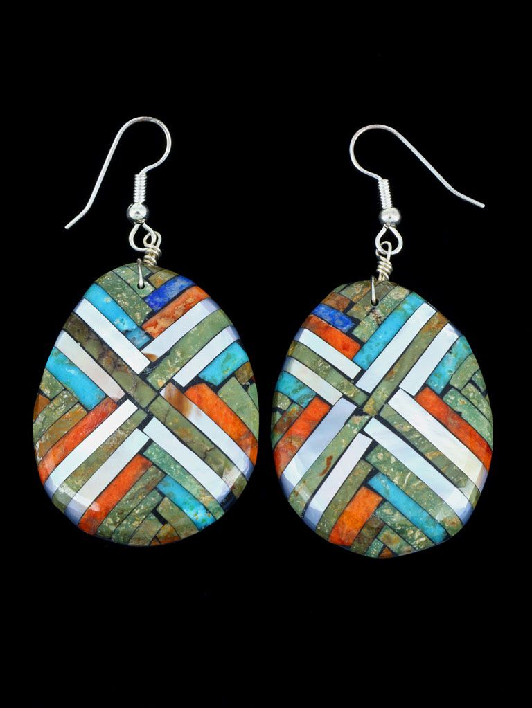 Santo Domingo Apple Coral and Turquoise Inlay Mosaic Earrings - PuebloDirect.com