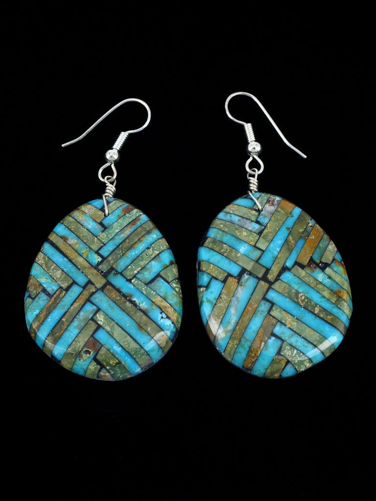 Santo Domingo Turquoise Inlay Mosaic Earrings - PuebloDirect.com