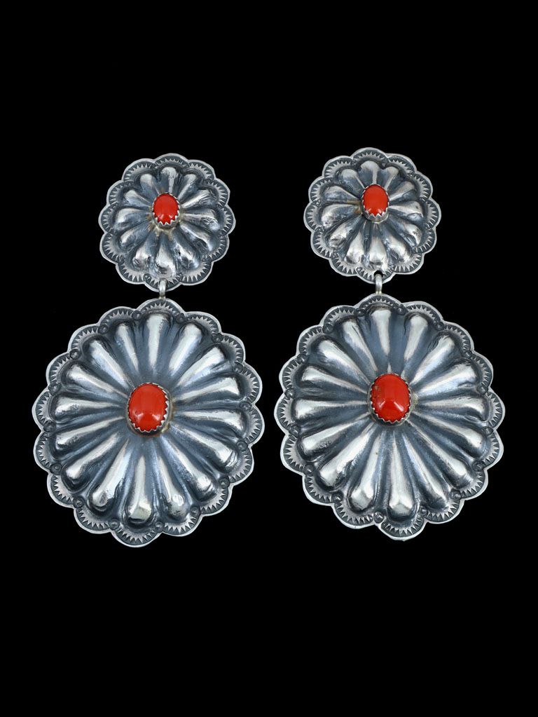 Navajo Red Coral Sterling Silver Earrings - PuebloDirect.com