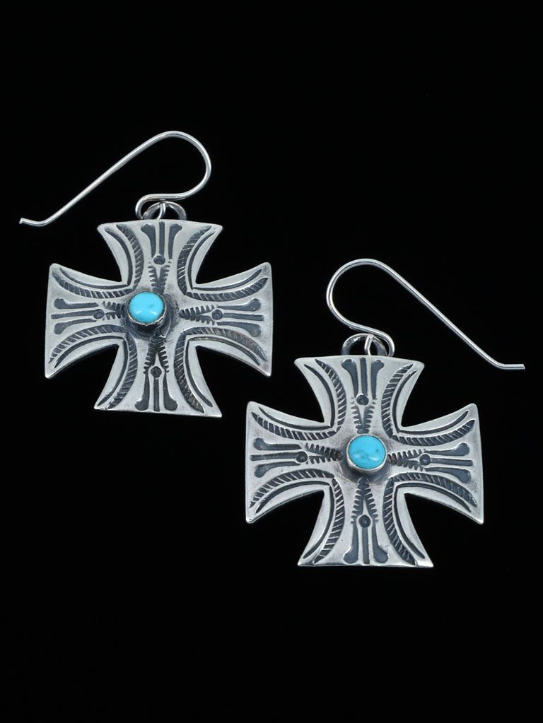 Navajo Sterling Silver Turquoise Cross Dangle Earrings - PuebloDirect.com
