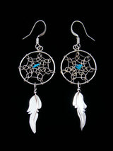 Navajo Sterling Silver Dreamcatcher Feather Dangle Earrings - PuebloDirect.com