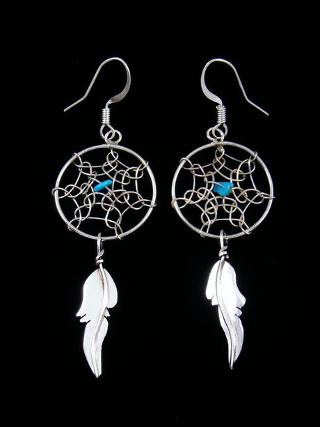 Navajo Sterling Silver Dreamcatcher Feather Dangle Earrings - PuebloDirect.com