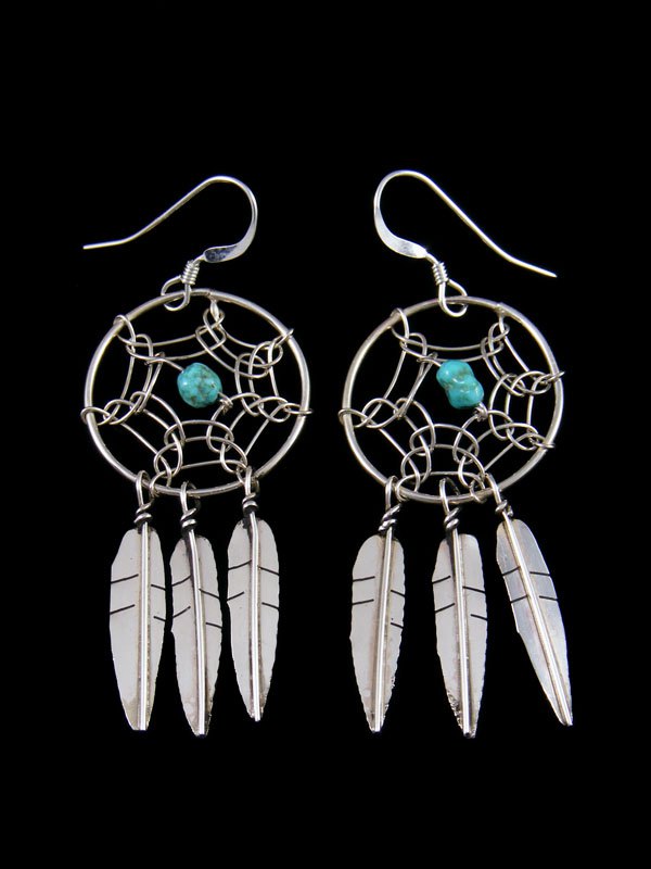 Navajo Sterling Silver Dreamcatcher Feather Earrings - PuebloDirect.com