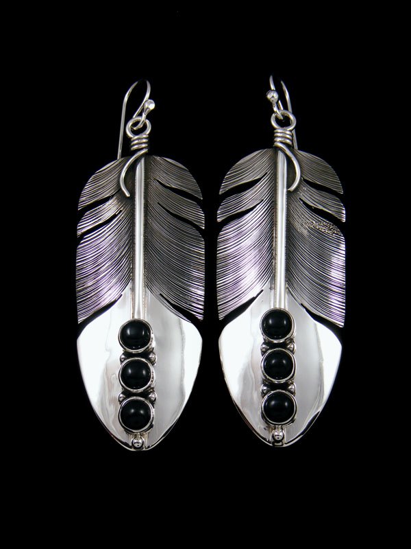 Native American Sterling Silver Onyx Dangle Feather Earrings - PuebloDirect.com