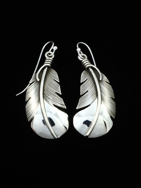 Navajo Sterling Silver Dangle Feather Earrings - PuebloDirect.com