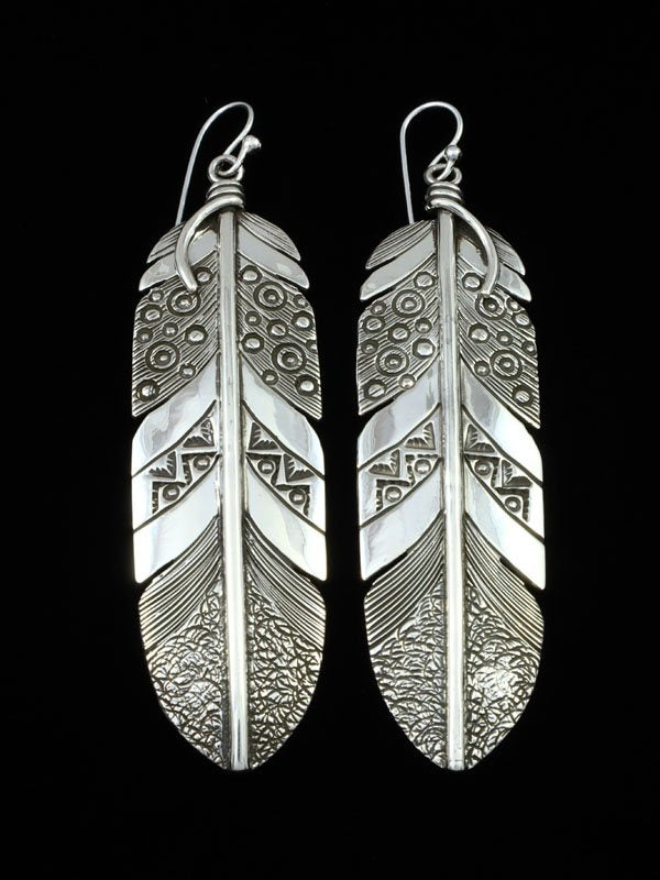 Native American Jewelry Sterling Silver Dangle Feather Earrings - PuebloDirect.com