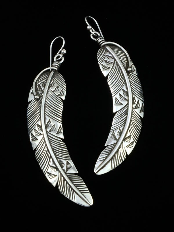 Native American Jewelry Sterling Silver Dangle Feather Earrings - PuebloDirect.com