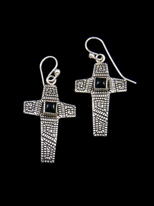 Navajo Sterling Silver Onyx Cross Dangle Earrings - PuebloDirect.com