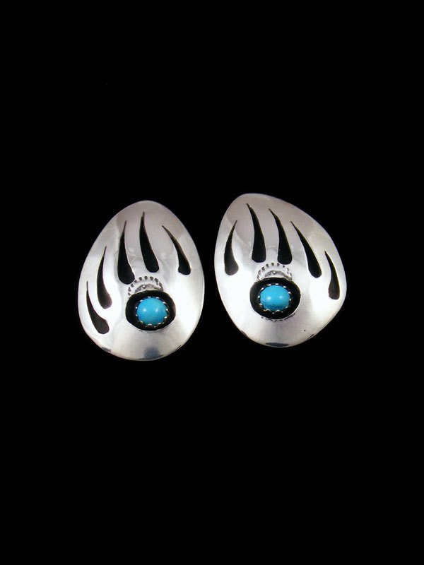 Navajo Sterling Silver Turquoise Bear Paw Post Earrings - PuebloDirect.com