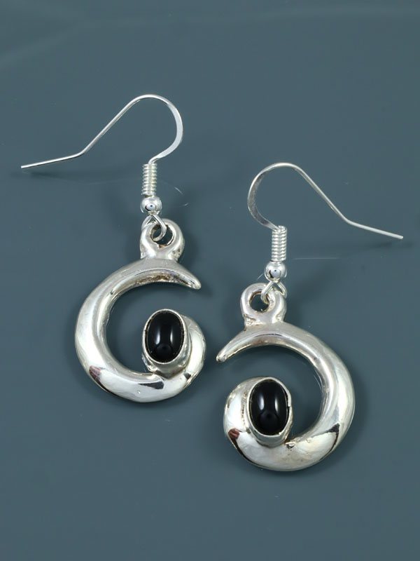Navajo Onyx Sterling Silver Swirl Dangle Earrings - PuebloDirect.com