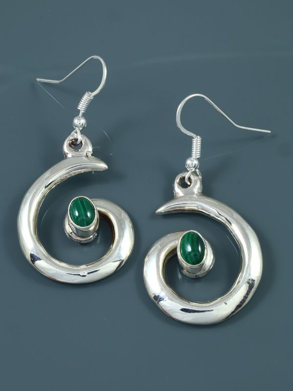 Navajo Malachite Sterling Silver Swirl Dangle Earrings - PuebloDirect.com