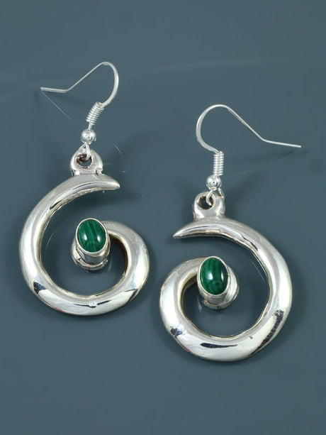 Navajo Malachite Sterling Silver Swirl Dangle Earrings - PuebloDirect.com