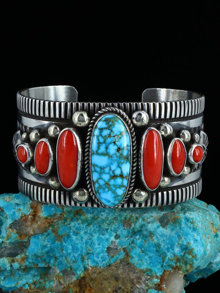 Navajo Jewelry Coral and Kingman Turquoise Bracelet - PuebloDirect.com