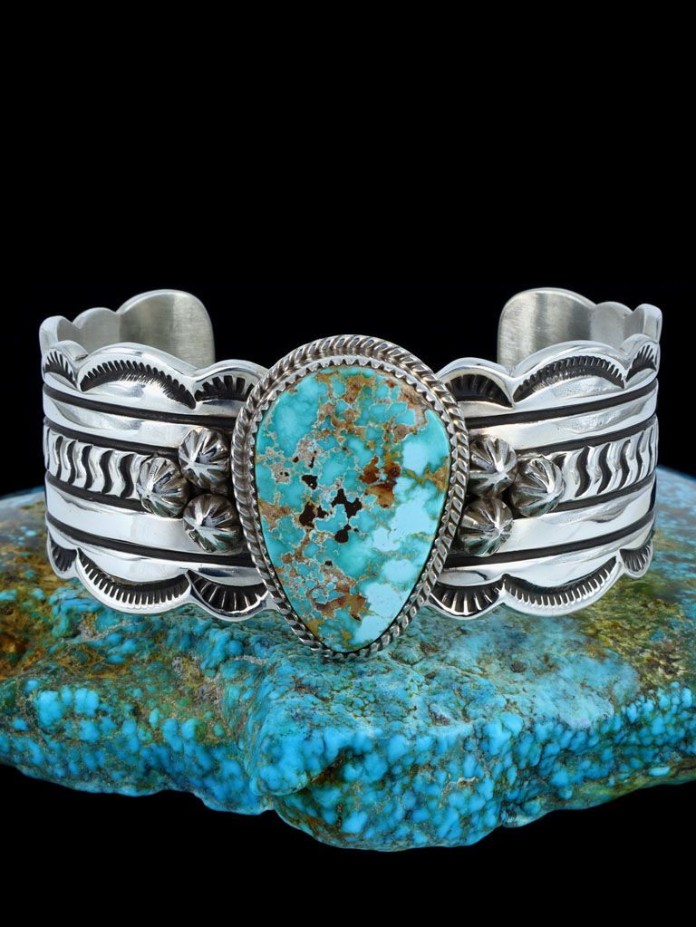 Native American Sterling Silver Blue Gem Turquoise Cuff Bracelet - PuebloDirect.com