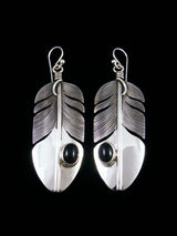 Native American Sterling Silver Onyx Dangle Feather Earrings - PuebloDirect.com