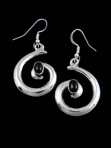Navajo Onyx Sterling Silver Swirl Dangle Earrings - PuebloDirect.com