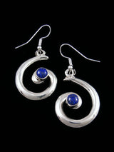 Navajo Lapis Sterling Silver Swirl Dangle Earrings - PuebloDirect.com