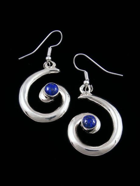 Navajo Lapis Sterling Silver Swirl Dangle Earrings - PuebloDirect.com