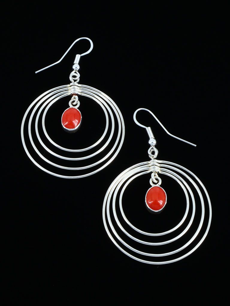 Native American Jewelry Sterling Silver Coral Dangle Hoop Earrings - PuebloDirect.com
