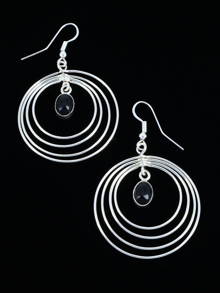 Native American Jewelry Sterling Silver Onyx Dangle Hoop Earrings - PuebloDirect.com