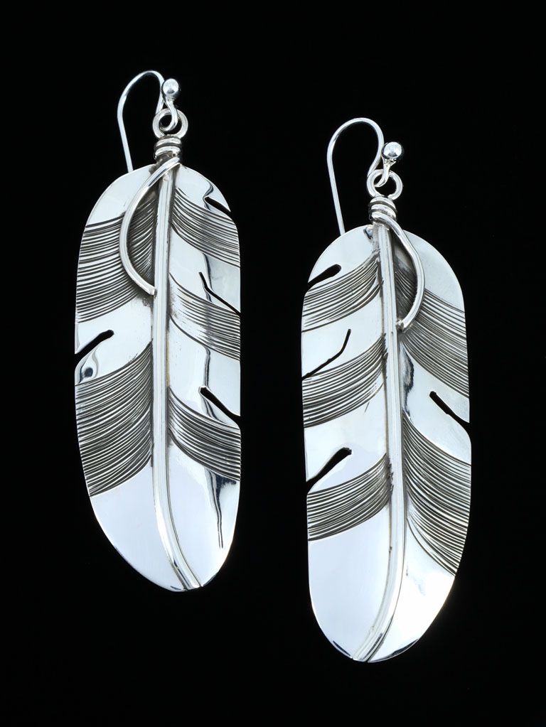 Navajo Sterling Silver Feather Dangle Earrings - PuebloDirect.com
