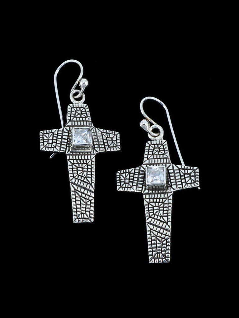 Navajo Sterling Silver Crystal Cross Dangle Earrings - PuebloDirect.com