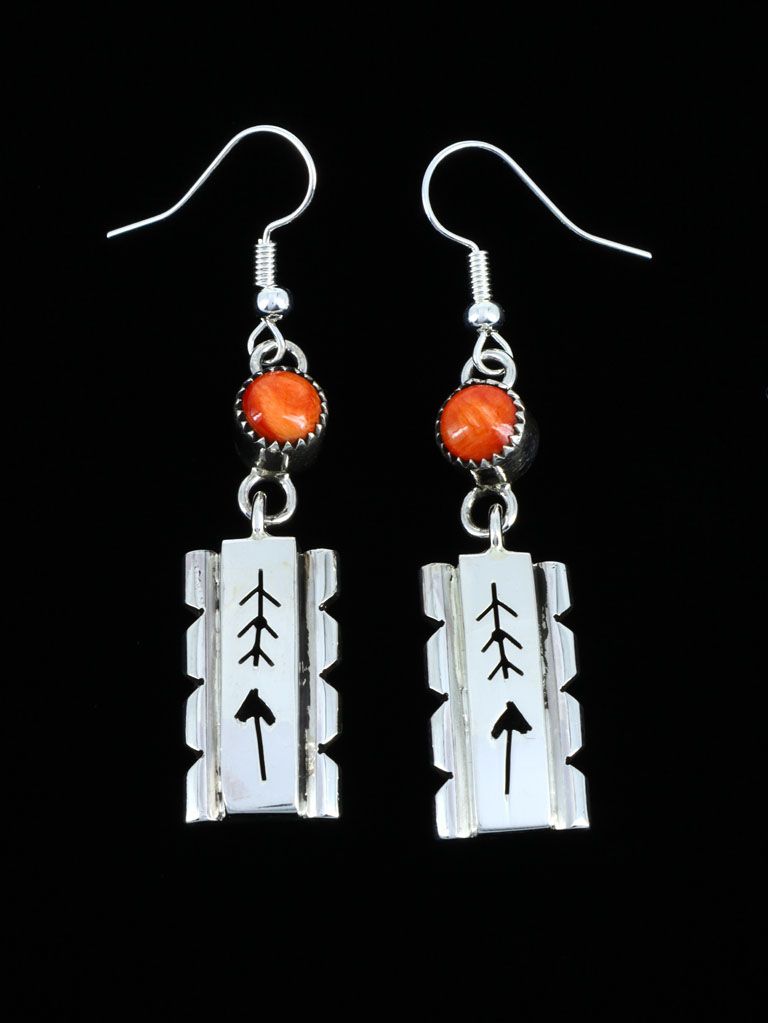 Native American Jewelry Spiny Oyster Arrow Dangle Earrings - PuebloDirect.com