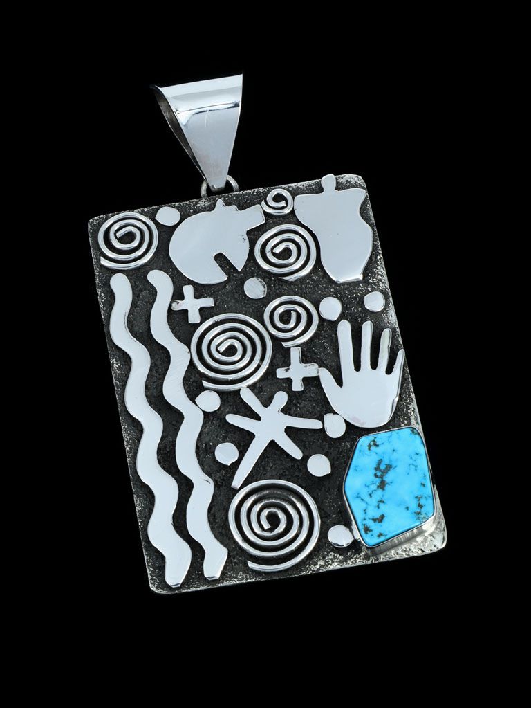 Large Navajo Sterling Silver and Turquoise Petroglyph Pendant - PuebloDirect.com
