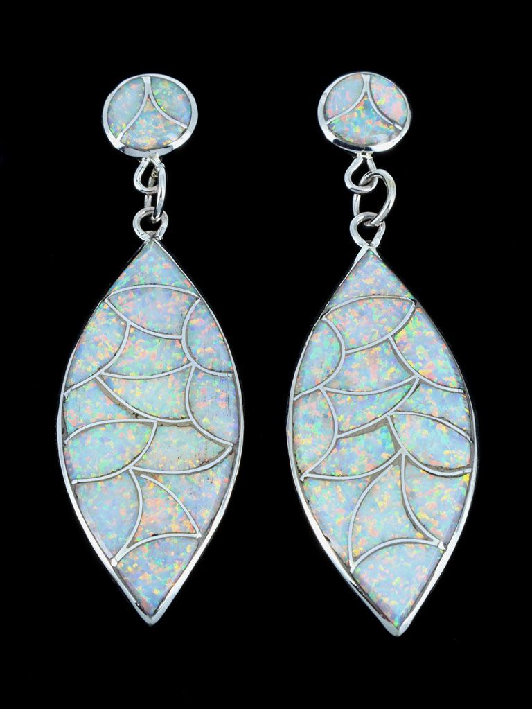 Zuni Sterling Silver Opalite Post Fish Scale Earrings - PuebloDirect.com