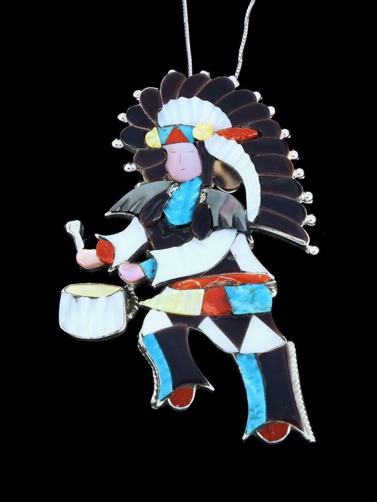 Zuni Inlay Turquoise and Coral Chief Dancer Pin Pendant - PuebloDirect.com