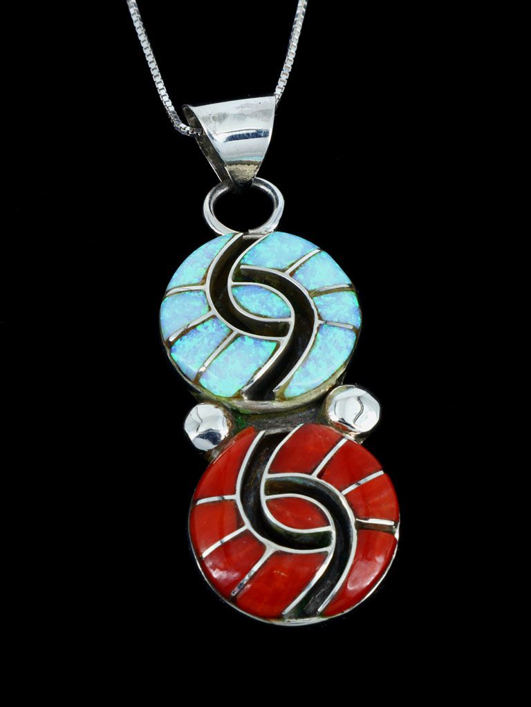 Coral and Opalite Sterling Silver Zuni Inlay Pendant - PuebloDirect.com