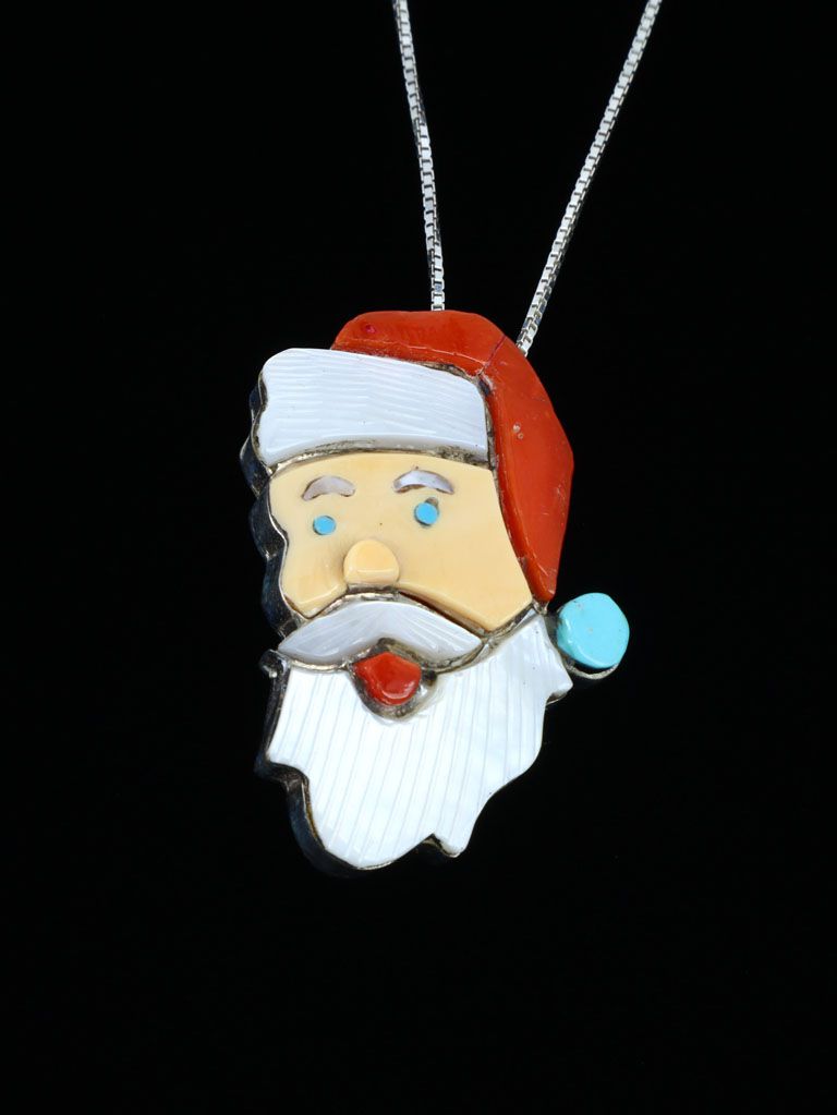 Zuni Inlay Santa Claus Mother of Pearl Pin/Pendant - PuebloDirect.com