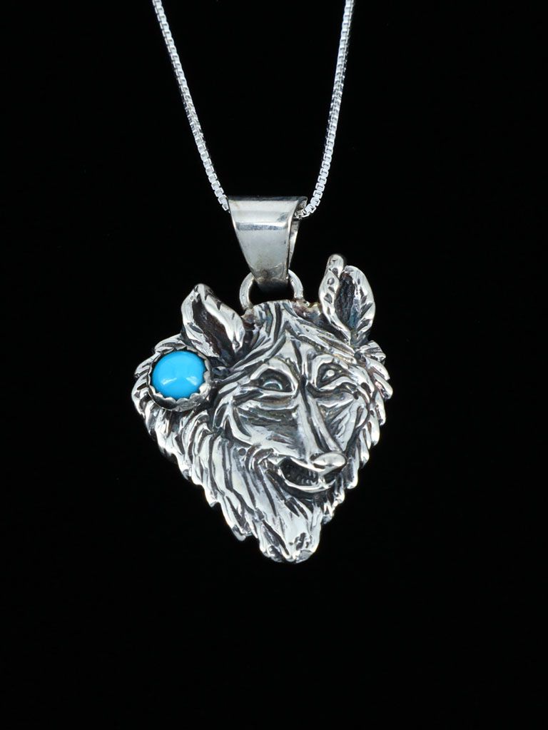 Navajo Sterling Silver Turquoise Wolf Pendant - PuebloDirect.com