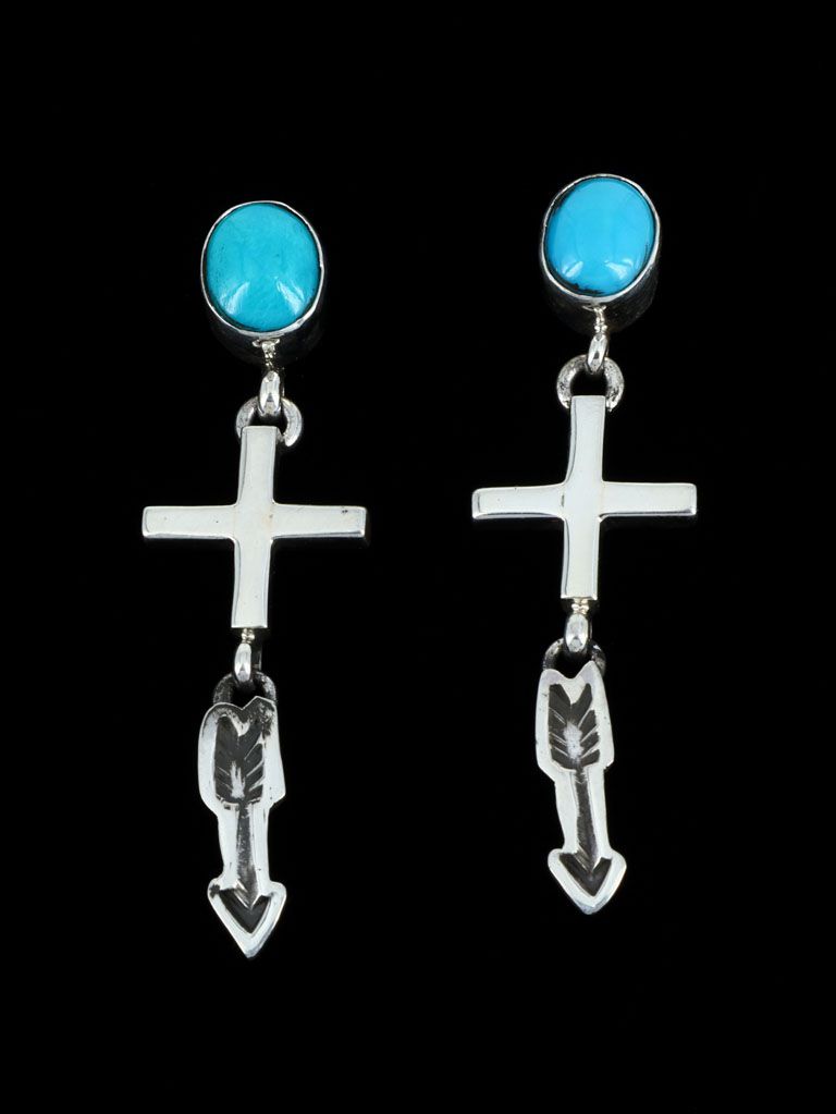 Navajo Sterling Silver Turquoise Cross Post Earrings - PuebloDirect.com